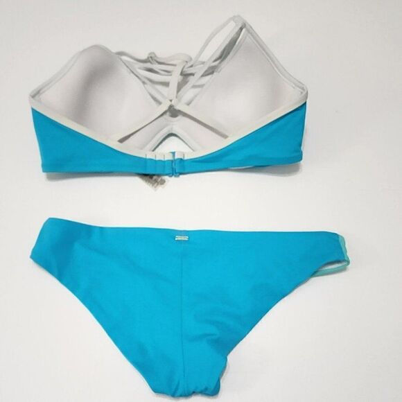 Victoria`s Secret PINK- M (D-DD)Aqua Blue Strappy Front Bikini Top & Bottom - Picture 4 of 9